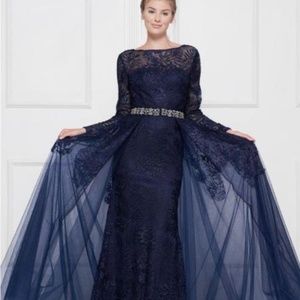 COLORS DRESS - 1830SL LACE SHEATH LONG SLEEVE GOWN WITH OVERSKIRT- NEW